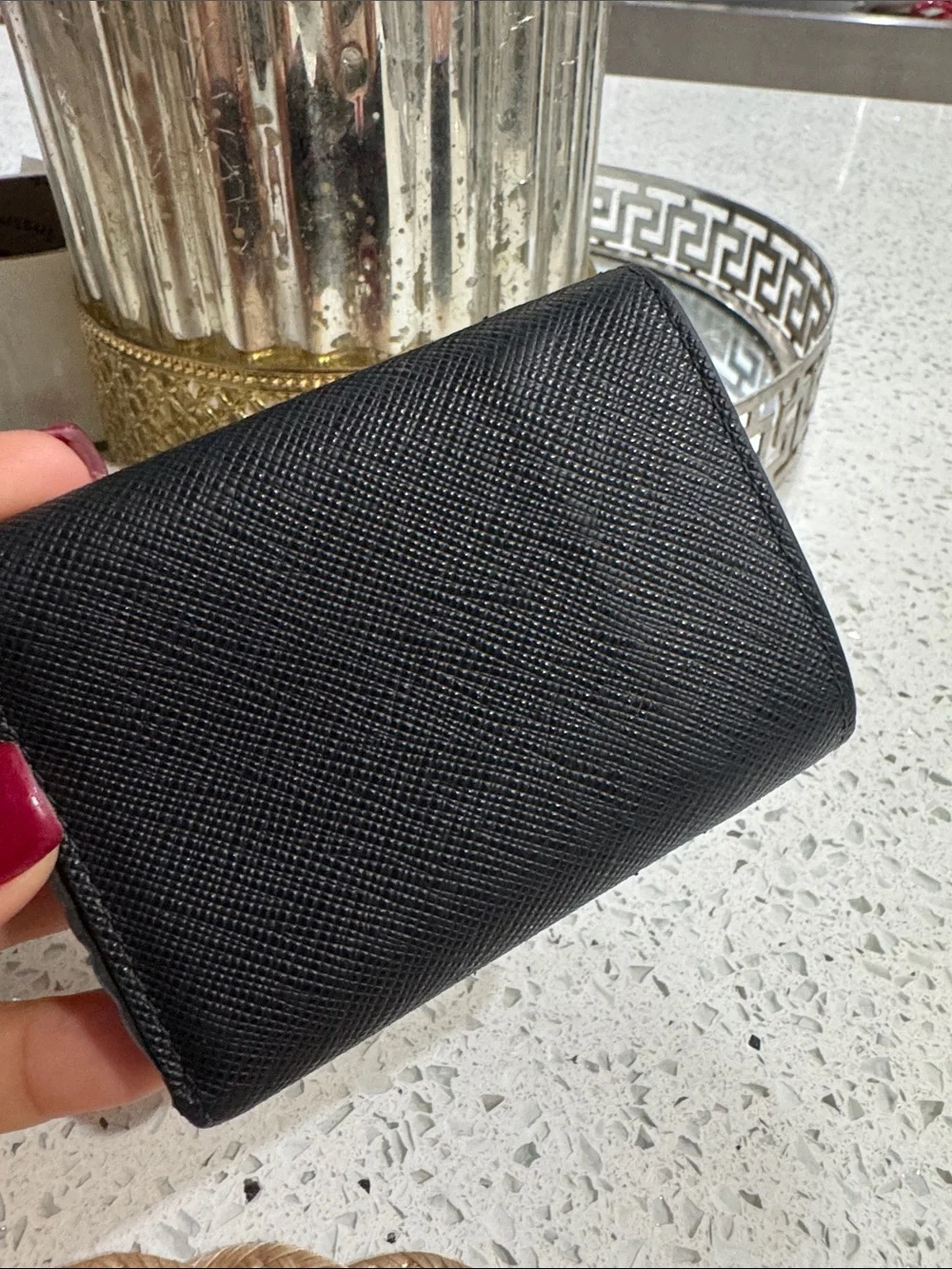 🖤Prada Saffiano Leather Tri-Fold Wallet Black Pink